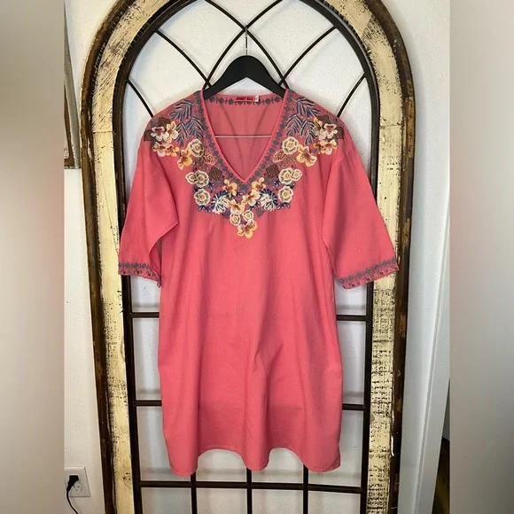 Johnny Was Coral Dress With Blue Multi Color Embroidery Flowers Size Small - Picture 3 of 7